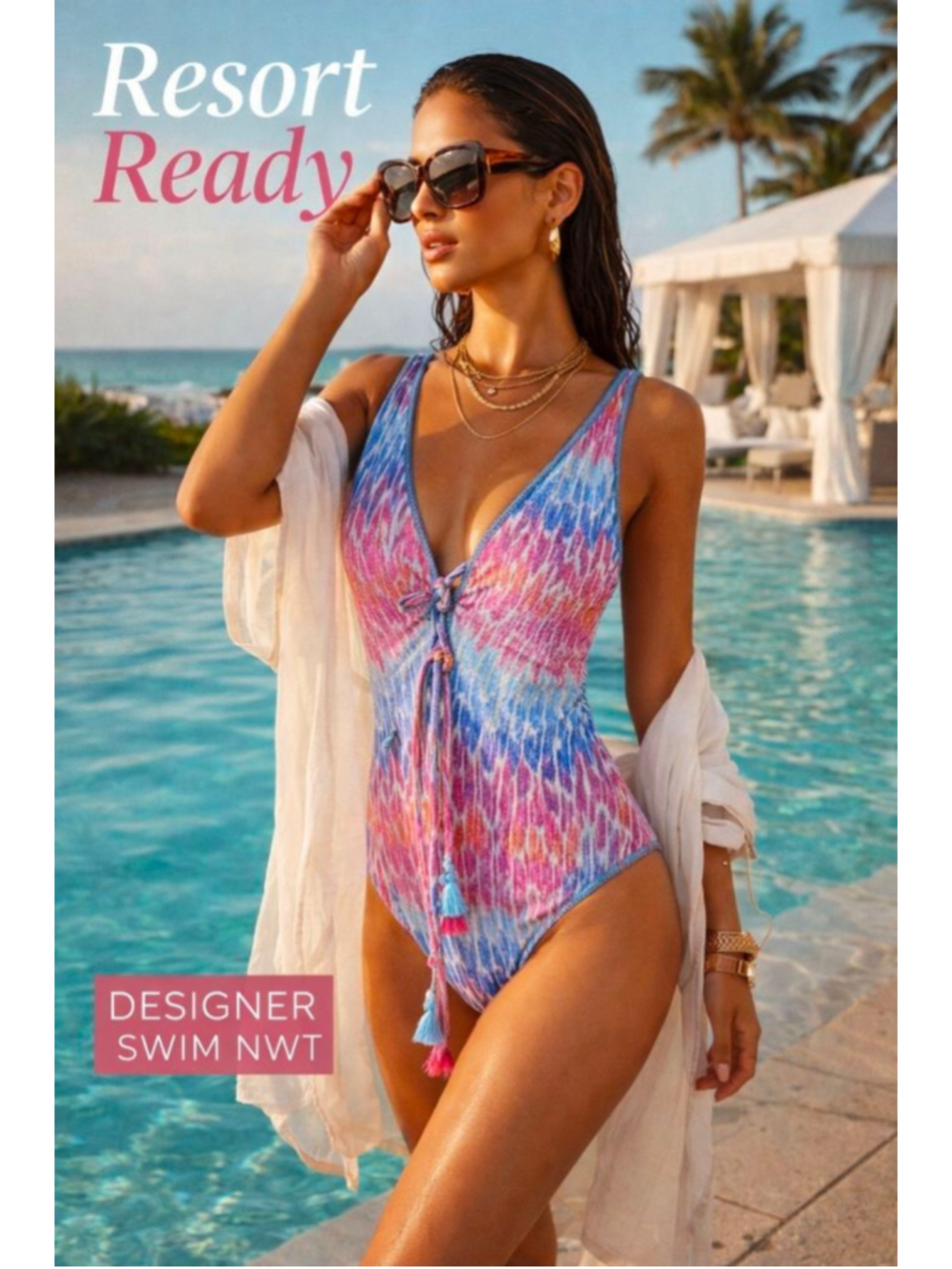 BECCA One Piece Swimsuit Medium NWT Shimmer Ikat Plunge Tassel Resort Swim